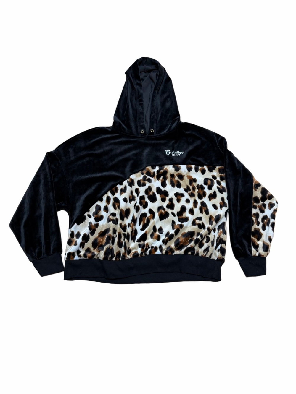 Justice Sport Girls Black Leopard Print Velour Pullover Hoodie Sweatshirt